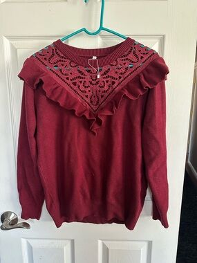 Women’s Maroon Crochet Yoke Ruffle Sweater